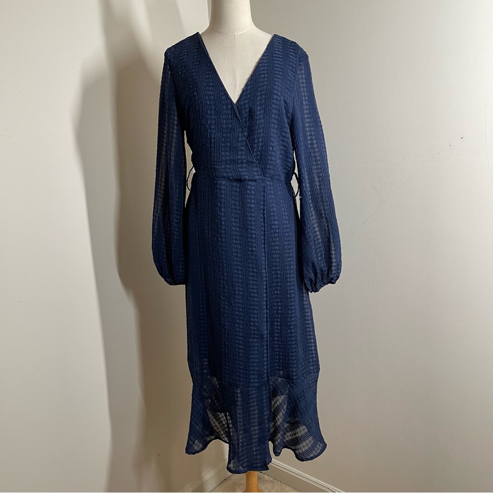 NSR Women’s Long Sleeve - Size M- Blue Faux Wrap V-Neck & Back Ruffle Midi Dress